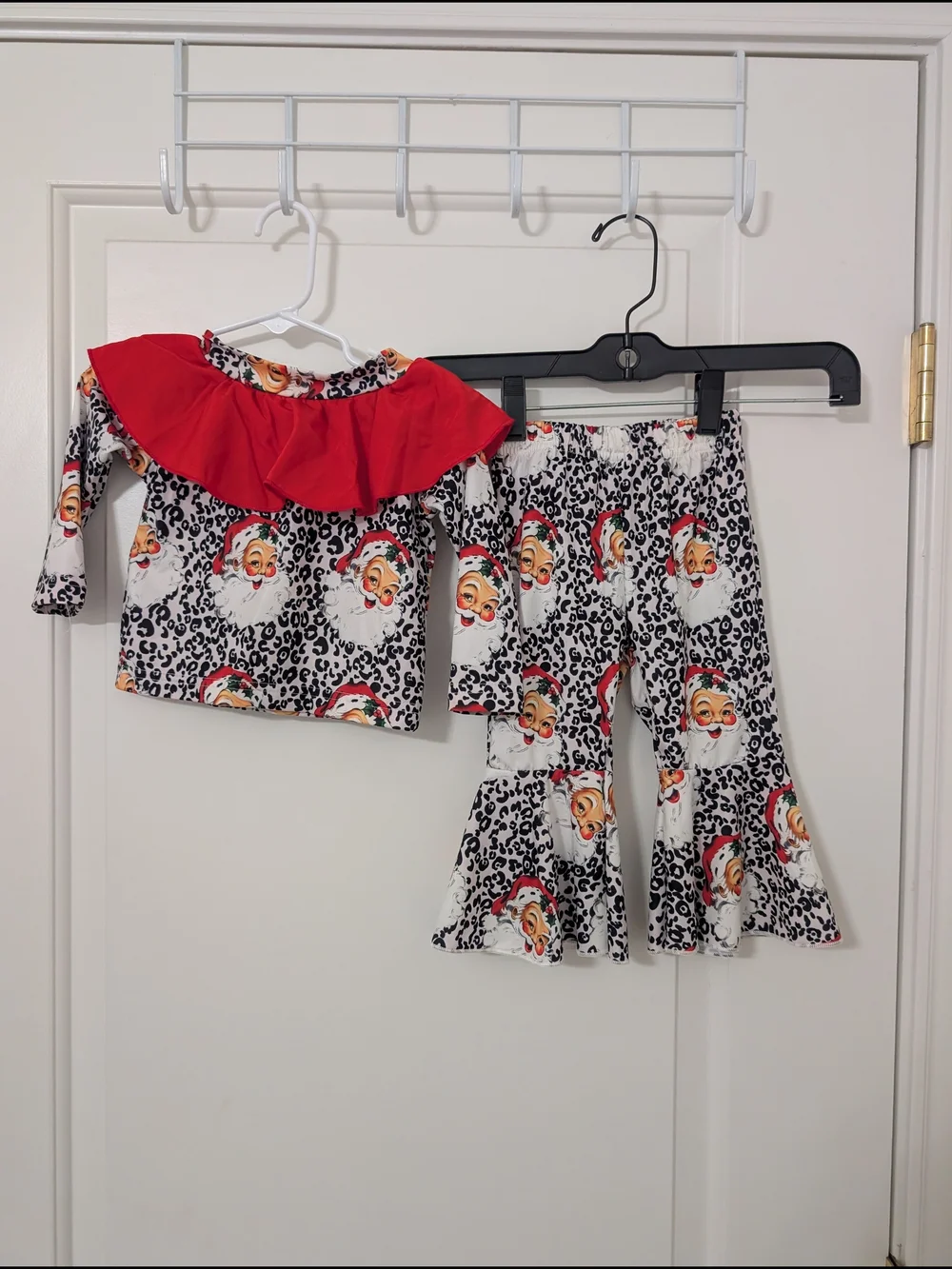 Baby Girls Santa Leopard Christmas Outfit 2 Piece Bell Bottom 6-9M